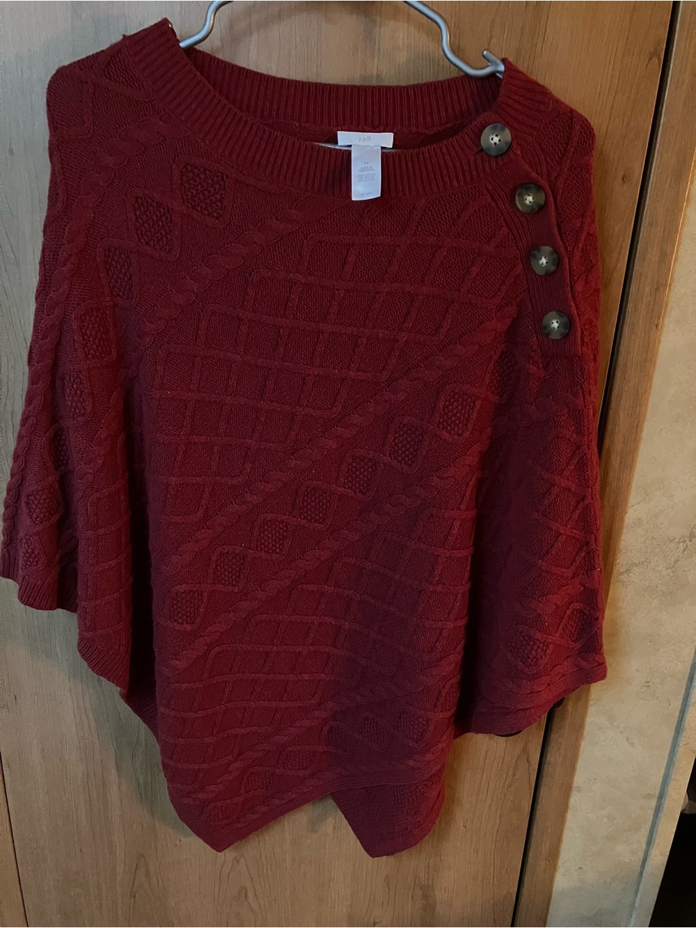 J Jill Crimson Red Knit Poncho Sweater Shoulder Button Crew Neckline Dual Size